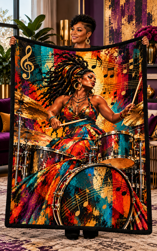 Afrocentric Jazz Drummer- Sherpa Blanket – Colorful Black Woman Music Art Throw, 50x80Premium Black Sherpa Blanket 60x80